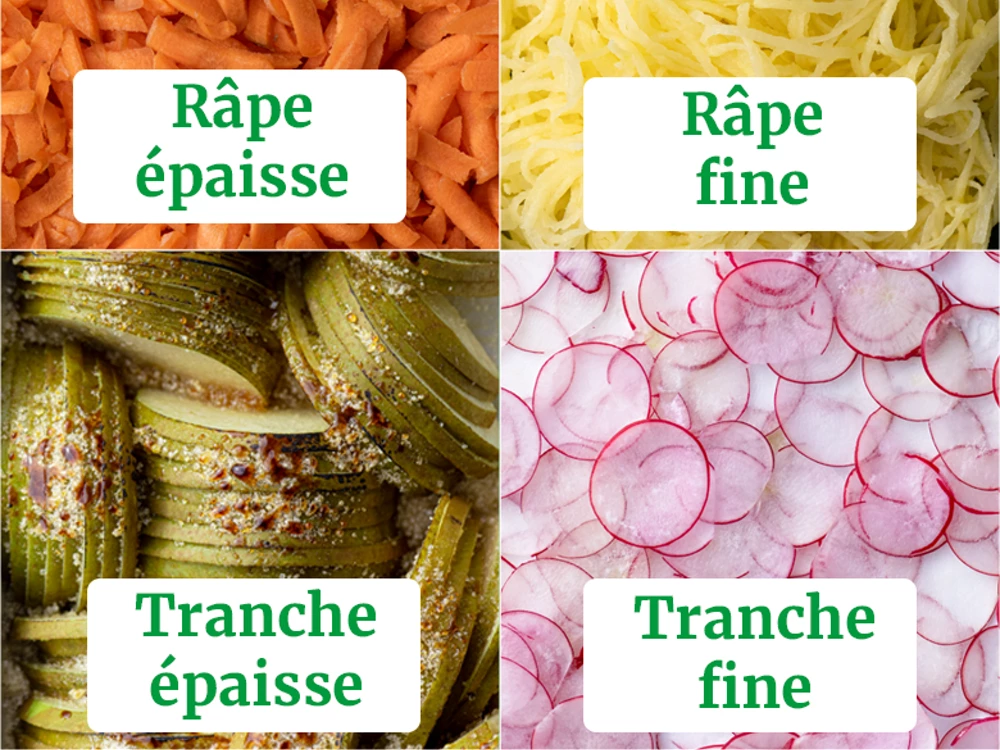 Différentes formes de tranches réalisées avec le Découpe Minute Thermomix