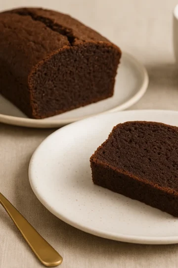 Cake au chocolat sans gluten au Thermomix : tranche moelleuse à la poudre d’amandes, vue en biais sur table en bois.