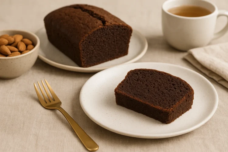 Cake au chocolat sans gluten au Thermomix : tranche moelleuse à la poudre d’amandes, vue en biais sur table en bois.