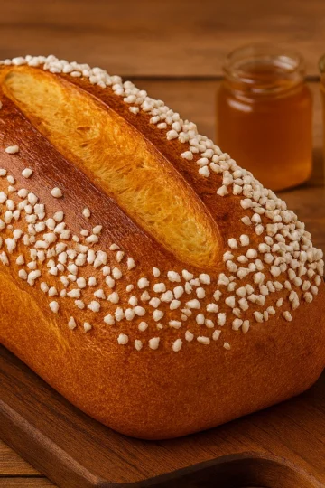 Gâche Vendéenne au Thermomix dorée et saupoudrée de sucre perlé, brioche traditionnelle de Vendée présentée sur une planche en bois.