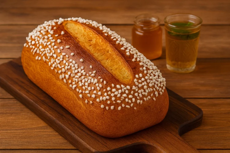 Gâche Vendéenne au Thermomix dorée et saupoudrée de sucre perlé, brioche traditionnelle de Vendée présentée sur une planche en bois.