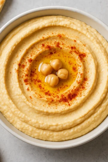 Bol de houmous crémeux préparé au Thermomix, garni de pois chiches, paprika et huile d’olive, servi avec du pain pita.