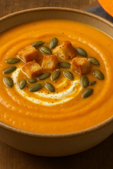 Soupe de potimarron crémeuse servie dans un bol en céramique avec croûtons et graines de courge