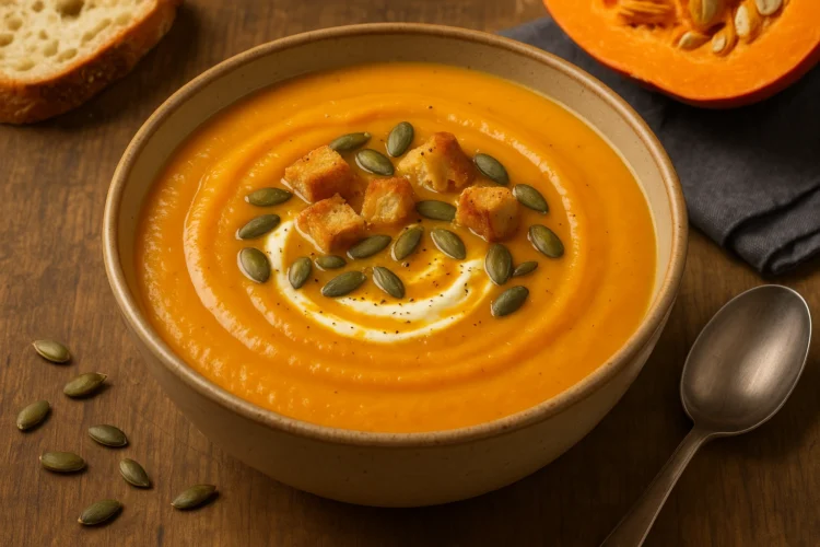 Soupe de potimarron crémeuse servie dans un bol en céramique avec croûtons et graines de courge