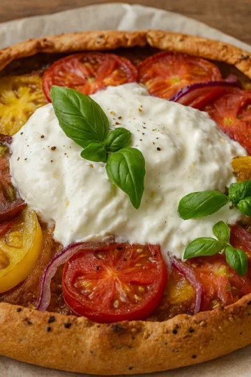 Tarte à la tomate au Thermomix garnie de tomates colorées, oignons caramélisés et burrata crémeuse, décorée de basilic frais.