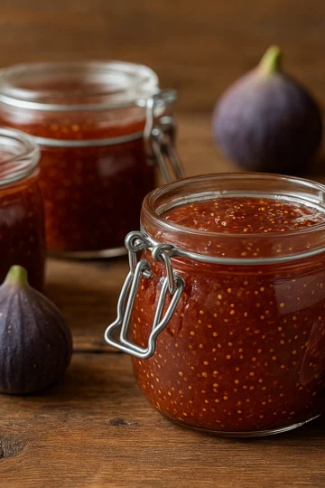 Confiture de figues au Thermomix, pots stérilisés et figues fraîches, texture veloutée avec grains dorés.
