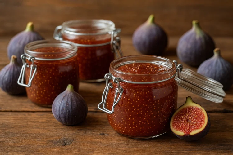 Confiture de figues au Thermomix, pots stérilisés et figues fraîches, texture veloutée avec grains dorés.