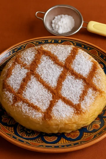 pastilla de poulet marocaine dorée sur assiette traditionnelle, saupoudrée de sucre glace et de cannelle