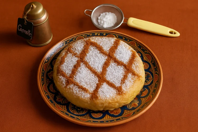 pastilla de poulet marocaine dorée sur assiette traditionnelle, saupoudrée de sucre glace et de cannelle