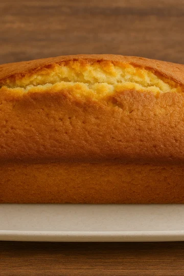 Quatre-quarts doré et moelleux fait maison au Thermomix, présenté sur une assiette rectangulaire en céramique claire sur une table en bois