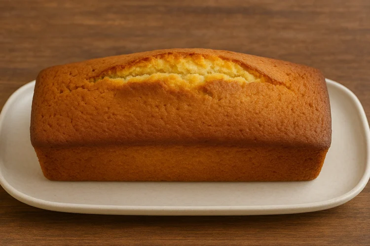 Quatre-quarts doré et moelleux fait maison au Thermomix, présenté sur une assiette rectangulaire en céramique claire sur une table en bois