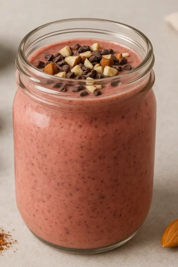 Smoothie Fraise–Chocolat–Amande au Thermomix, garni d’amandes et d’éclats de cacao.