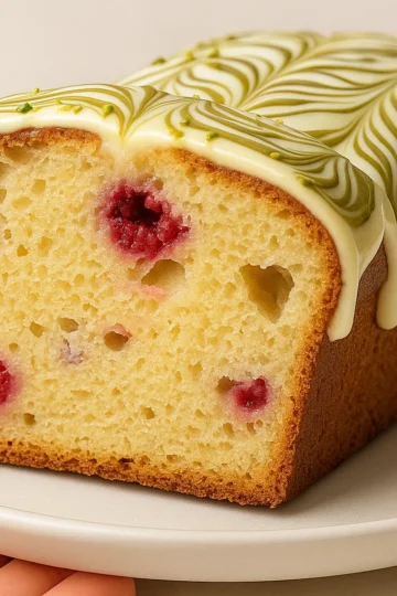 Cake framboise, chocolat blanc & pistache : moelleux, fruité et nappage marbré pistache — parfait pour le goûter.